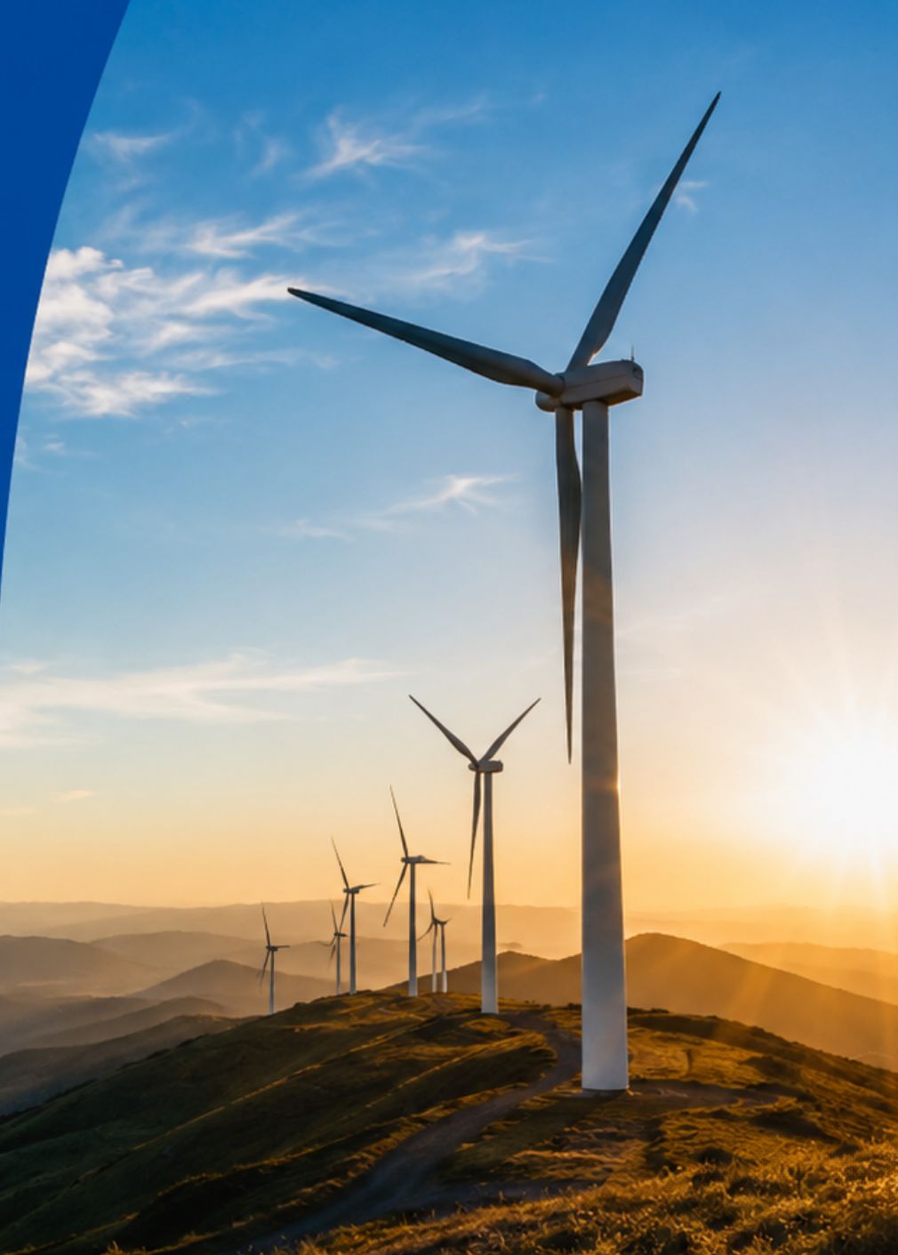 Wind turbines on a ridge at golden hour